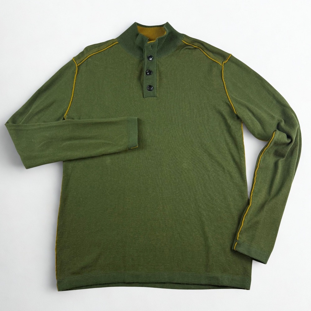 Sundance Henley Sweater Mens Large Green 100% Cotton Mock Neck Long Sleeve Knit